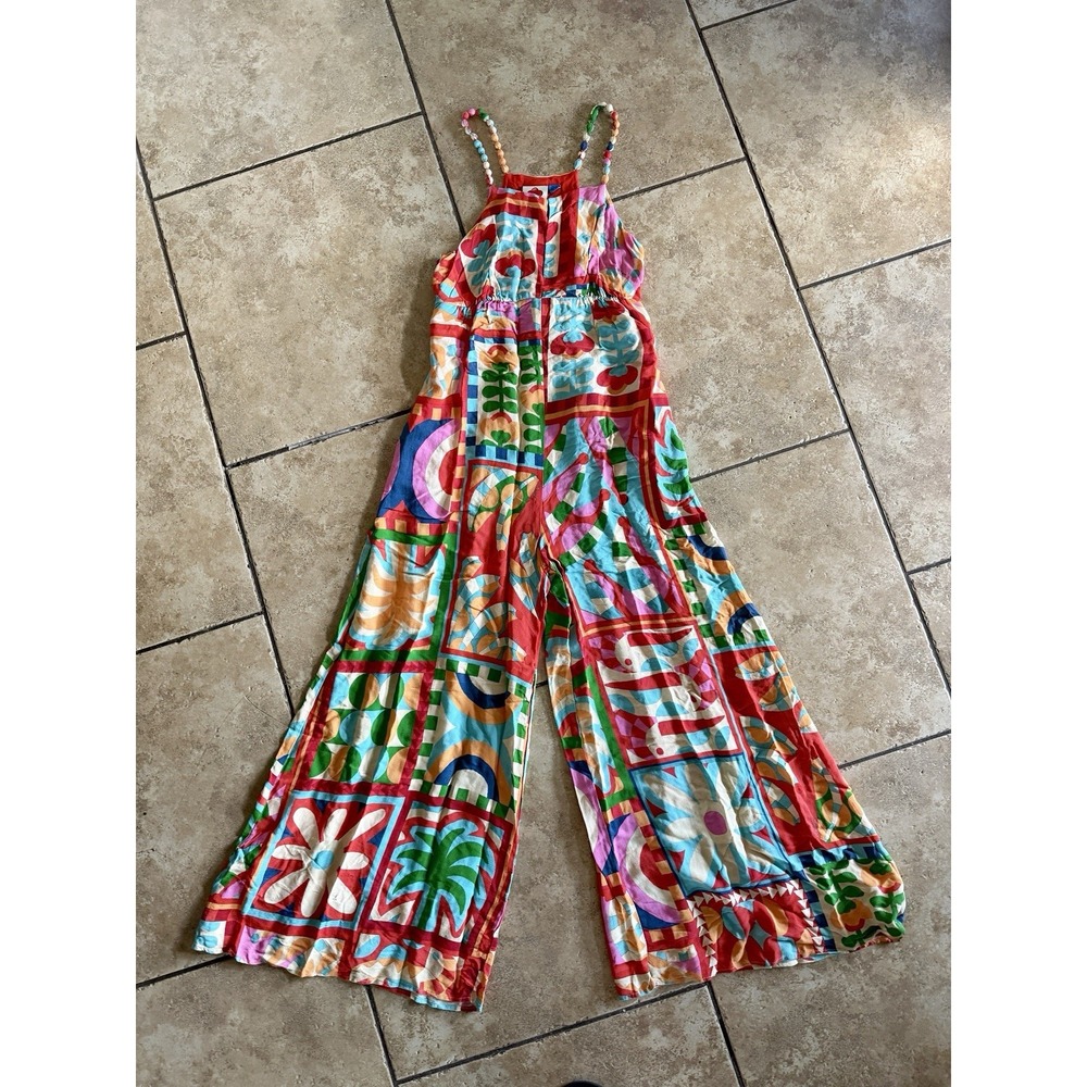 FARM Rio Anthropologie Beaded Strap Tropical Wide Leg Jumpsuit Size S - Picture 2 of 16
